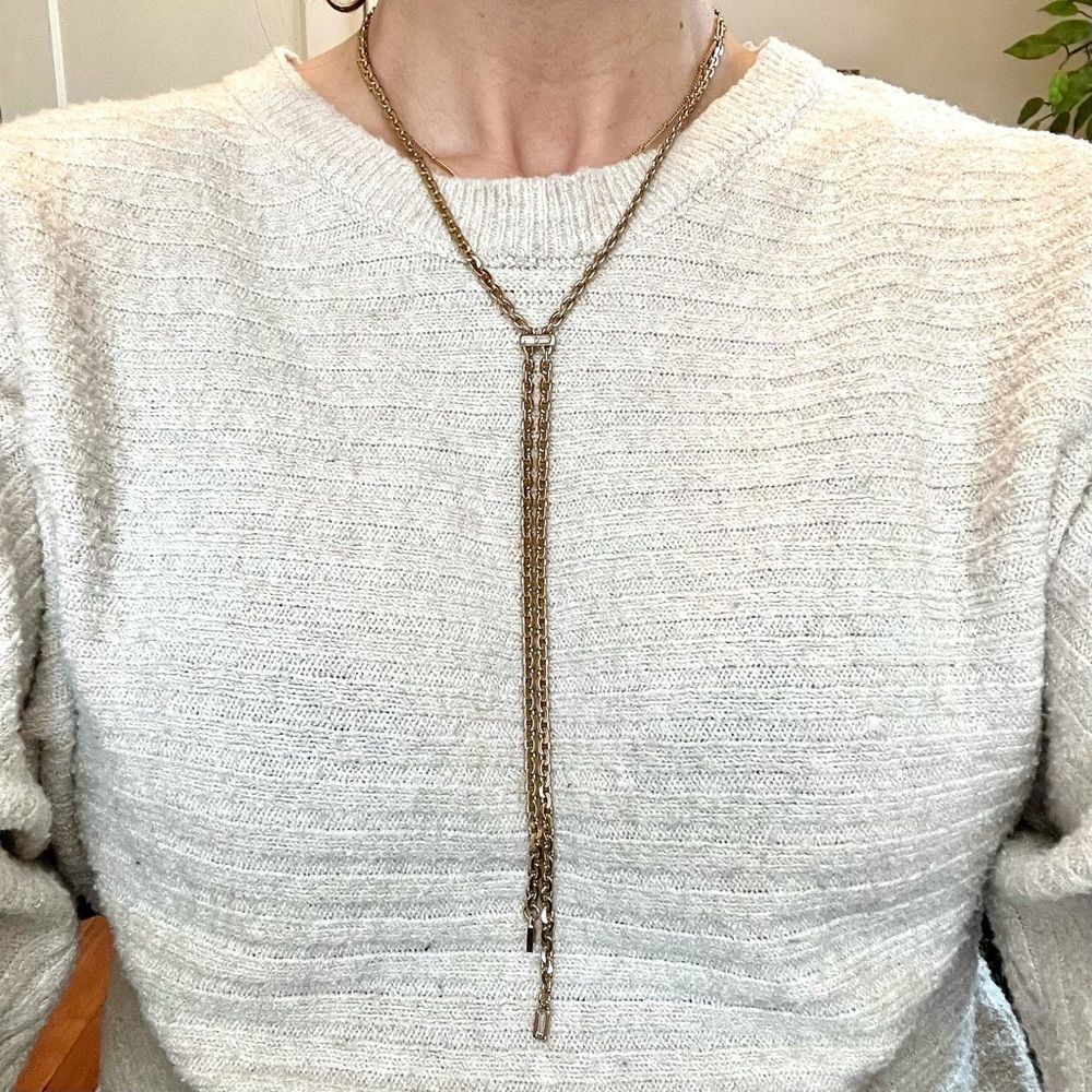 NWT Karl Lagerfeld x Swarovski Crystal Baguette Lariat Liquid Gold Drop Necklace - Picture 2 of 7